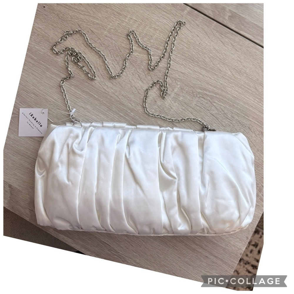 NWT White Satin Ruched Clutch Bridal Evening Bag Chain Strap
